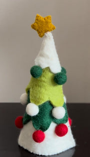 Multicolor Christmas tree with red , white and green small felt balls and has yellow color star on top.