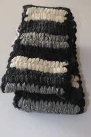 Hand knit scarf in black,white and grey color